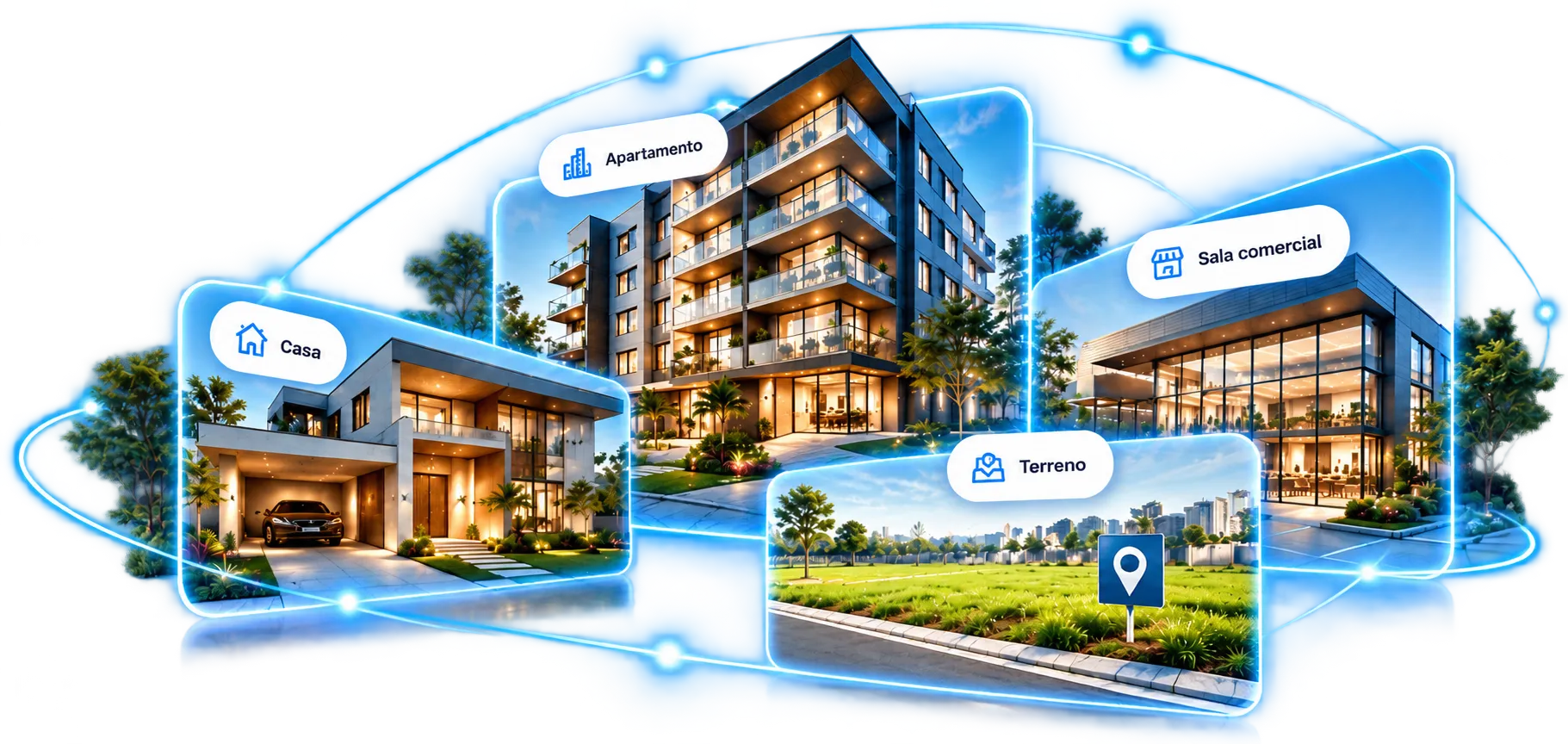 Imóveis do portfólio em campanha: casa, apartamento, sala comercial e terreno