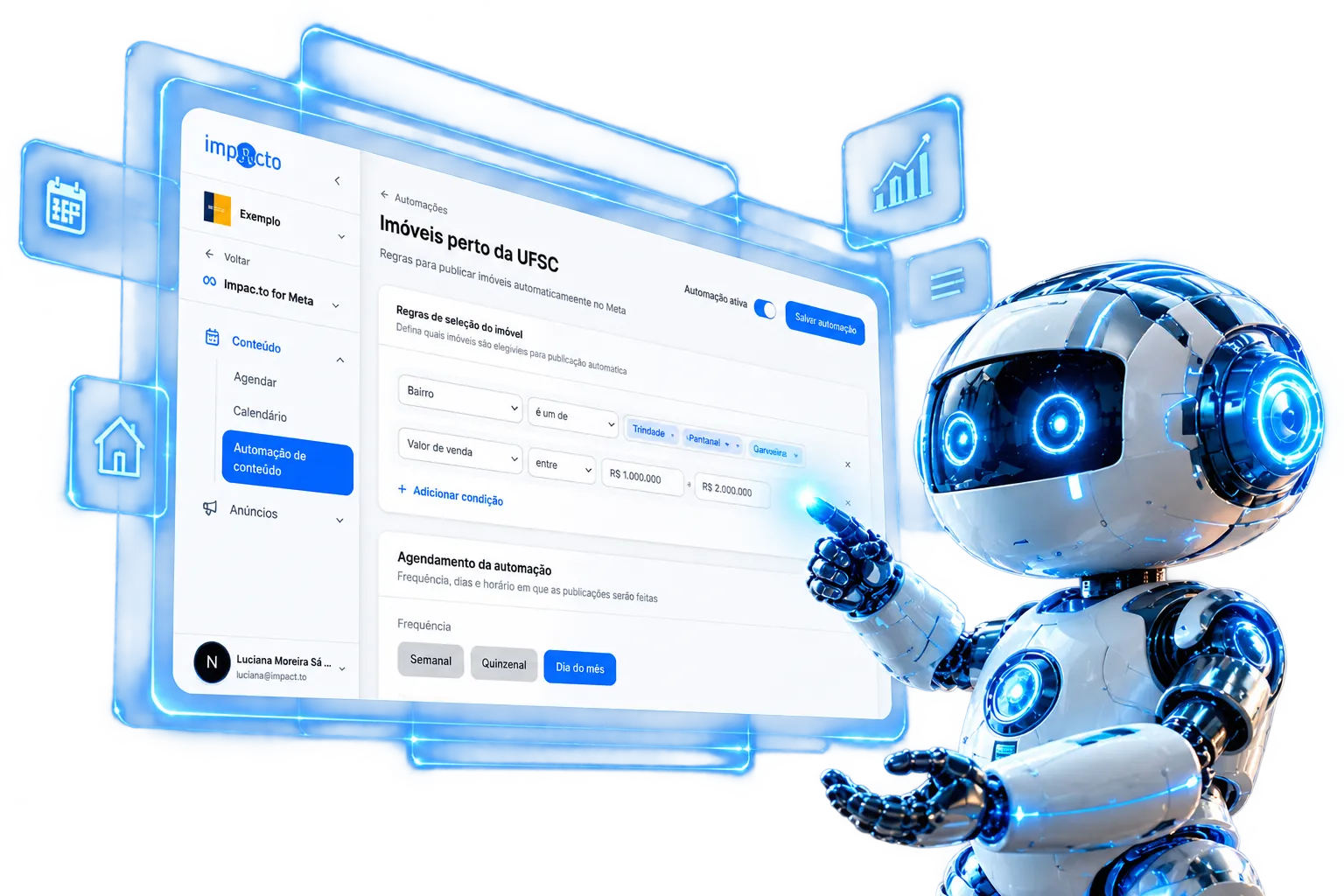 Robô apontando para a tela de automação de conteúdo do Impac.to for Meta